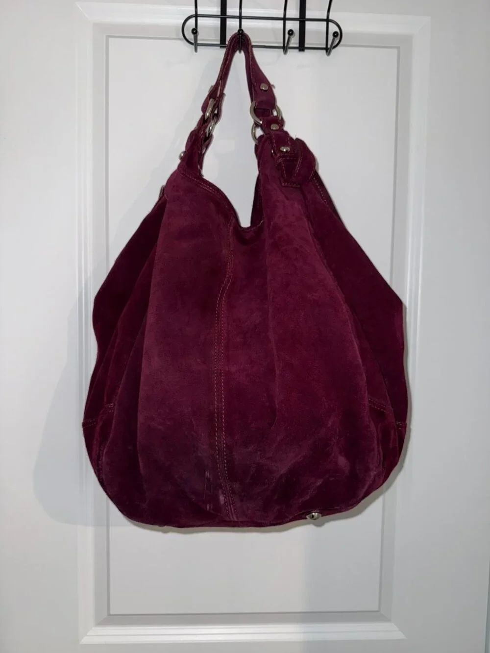 Via Repubblica Large Burgundy Suede Hobo Bag Studded Zip Pocket Shoulder Purse